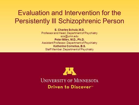 Evaluation and Intervention for the Persistently Ill Schizophrenic Person S. Charles Schulz, M.D. Professor and Head, Department of Psychiatry