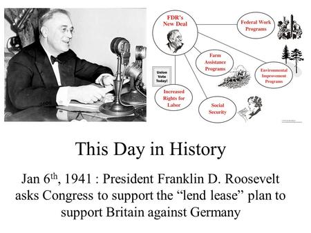 This Day in History Jan 6 th, 1941 : President Franklin D. Roosevelt asks Congress to support the “lend lease” plan to support Britain against Germany.