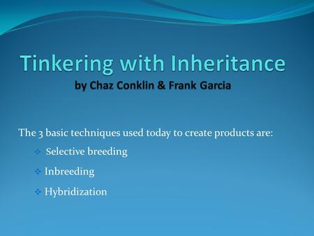 The 3 basic techniques used today to create products are:  S elective breeding  Inbreeding  Hybridization.