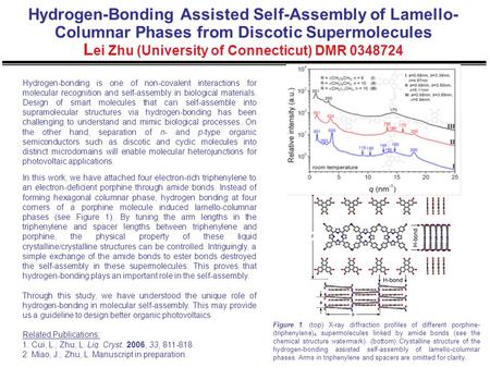 Hydrogen-Bonding Assisted Self-Assembly of Lamello- Columnar Phases from Discotic Supermolecules L ei Zhu (University of Connecticut) DMR 0348724 Hydrogen-bonding.