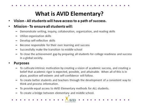 What is AVID Elementary? Vision - All students will have access to a path of success. Mission - To ensure all students will: – Demonstrate writing, inquiry,