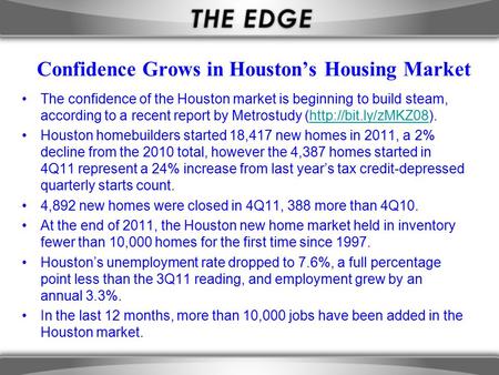 Confidence Grows in Houston’s Housing Market The confidence of the Houston market is beginning to build steam, according to a recent report by Metrostudy.