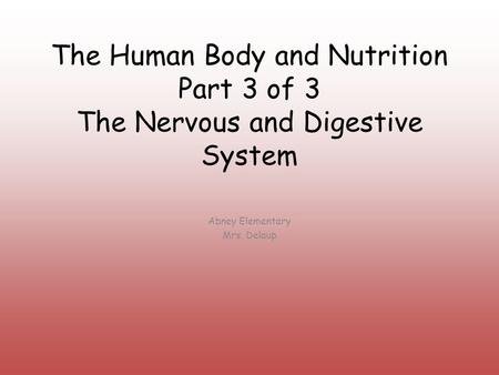 The Human Body and Nutrition Part 3 of 3 The Nervous and Digestive System Abney Elementary Mrs. Delaup.