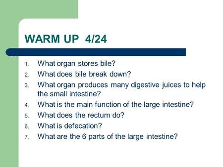 WARM UP 4/24 1. What organ stores bile? 2. What does bile break down? 3. What organ produces many digestive juices to help the small intestine? 4. What.