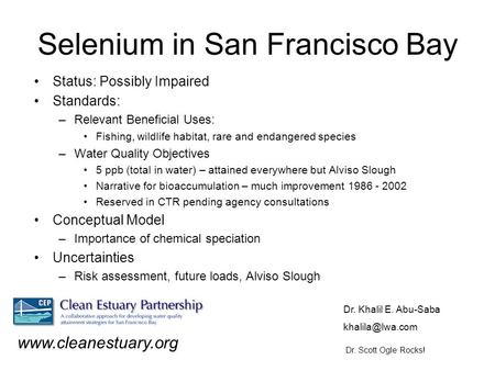 Selenium in San Francisco Bay Status: Possibly Impaired Standards: –Relevant Beneficial Uses: Fishing, wildlife habitat, rare and endangered species –Water.