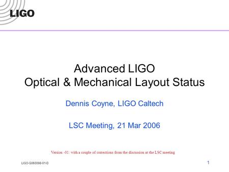 LIGO-G060098-01-D 1 Advanced LIGO Optical & Mechanical Layout Status Dennis Coyne, LIGO Caltech LSC Meeting, 21 Mar 2006 Version -01: with a couple of.