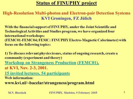 M.N. HarakehFINUPHY, Madeira, 9 February 2005 1 Status of FINUPHY project High-Resolution Multi-photon and Electron-pair Detection Systems KVI Groningen,