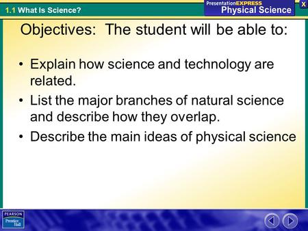 1.1 What Is Science? Objectives: The student will be able to: Explain how science and technology are related. List the major branches of natural science.