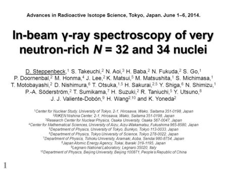 In-beam γ-ray spectroscopy of very neutron-rich N = 32 and 34 nuclei D. Steppenbeck, 1 S. Takeuchi, 2 N. Aoi, 3 H. Baba, 2 N. Fukuda, 2 S. Go, 1 P. Doornenbal,