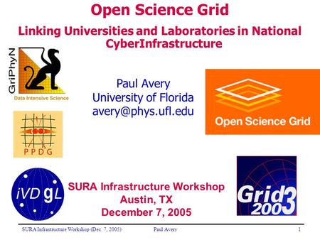 SURA Infrastructure Workshop (Dec. 7, 2005)Paul Avery1 University of Florida Open Science Grid Linking Universities and Laboratories.