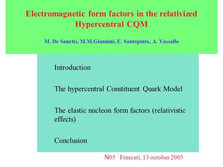 Electromagnetic form factors in the relativized Hypercentral CQM M. De Sanctis, M.M.Giannini, E. Santopinto, A. Vassallo Introduction The hypercentral.