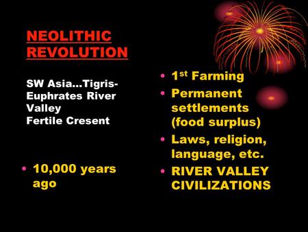 NEOLITHIC REVOLUTION SW Asia…Tigris- Euphrates River Valley Fertile Cresent 10,000 years ago 1 st Farming Permanent settlements (food surplus) Laws, religion,