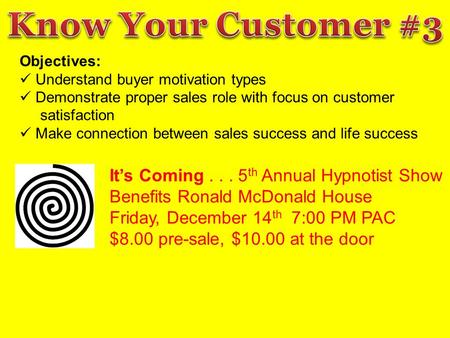 Objectives: Understand buyer motivation types Demonstrate proper sales role with focus on customer satisfaction Make connection between sales success and.