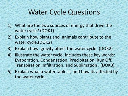 Water Cycle Questions What are the two sources of energy that drive the water cycle? (DOK1) Explain how plants and  animals contribute to the water cycle.(DOK2)