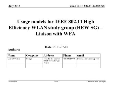 Doc.: IEEE 802.11-13/0657r5 Submission July 2013 Laurent Cariou (Orange)Slide 1 Usage models for IEEE 802.11 High Efficiency WLAN study group (HEW SG)