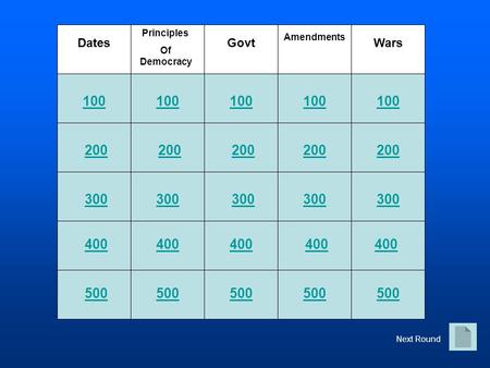 100 200 300 400 500 Dates Principles Of Democracy Govt Amendments Wars Next Round.