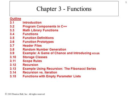  2003 Prentice Hall, Inc. All rights reserved. 1 Chapter 3 - Functions Outline 3.1Introduction 3.2Program Components in C++ 3.3Math Library Functions.