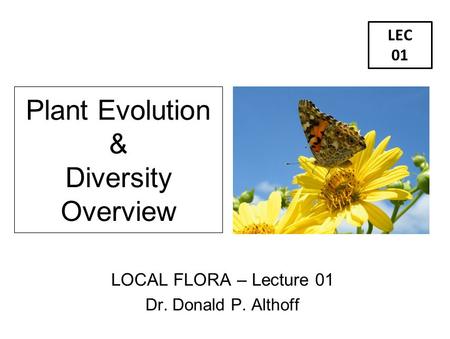 Plant Evolution & Diversity Overview LOCAL FLORA – Lecture 01 Dr. Donald P. Althoff LEC 01.