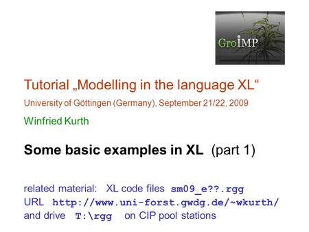 Tutorial „Modelling in the language XL“ University of Göttingen (Germany), September 21/22, 2009 Winfried Kurth Some basic examples in XL (part 1) related.