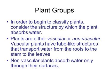 Plant Groups In order to begin to classify plants, consider the structure by which the plant absorbs water. Plants are either vascular or non-vascular.