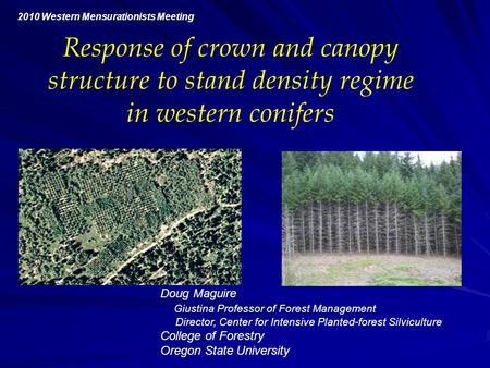 2010 Western Mensurationists Meeting Response of crown and canopy structure to stand density regime in western conifers Doug Maguire Giustina Professor.