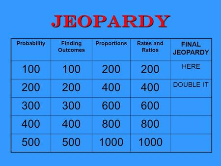 Jeopardy ProbabilityFinding Outcomes ProportionsRates and Ratios FINAL JEOPARDY 100 200 HERE 200 400 DOUBLE IT 300 600 400 800 500 1000.