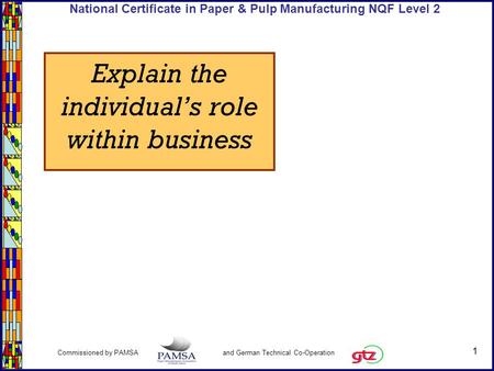 1 Commissioned by PAMSA and German Technical Co-Operation National Certificate in Paper & Pulp Manufacturing NQF Level 2 Explain the individual’s role.