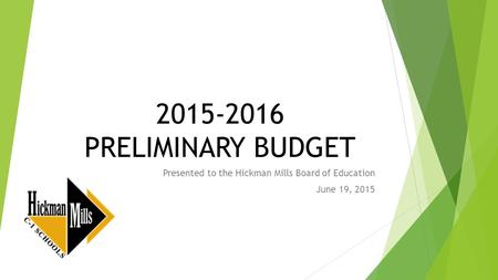 2015-2016 PRELIMINARY BUDGET Presented to the Hickman Mills Board of Education June 19, 2015.