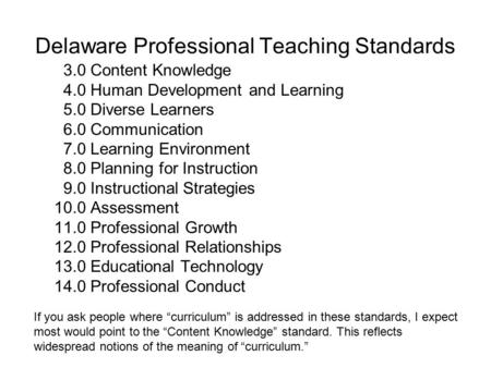 Delaware Professional Teaching Standards 3.0 Content Knowledge 4.0 Human Development and Learning 5.0 Diverse Learners 6.0 Communication 7.0 Learning Environment.