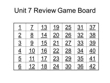 Unit 7 Review Game Board 171319253137 281420263238 391521273339 4101622283440 5111723293541 6121824303642.