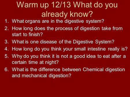 Warm up 12/13 What do you already know?