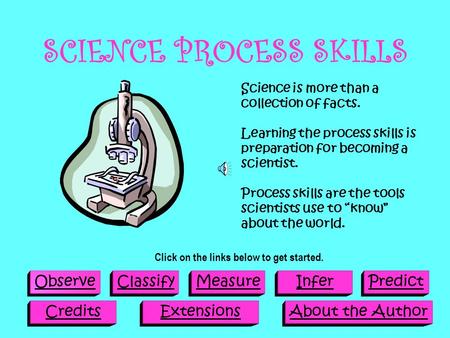 SCIENCE PROCESS SKILLS ObserveClassifyMeasureInferPredict CreditsExtensionsAbout the Author Science is more than a collection of facts. Learning the process.