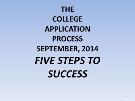 THE COLLEGE APPLICATION PROCESS SEPTEMBER, 2014 FIVE STEPS TO SUCCESS 1.