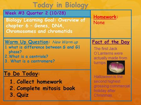 Week #3 Quarter 2 (10/28) Homework: None To Do Today : Fact of the Day Today in Biology Biology Learning Goal: Overview of chapter 6 – Genes, DNA, Chromosomes.