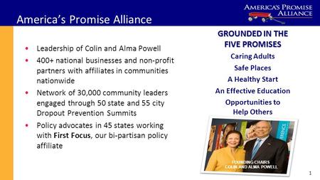 Children in the Budget: America’s Promise Alliance GROUNDED IN THE FIVE PROMISES Caring Adults Safe Places A Healthy Start An Effective Education Opportunities.