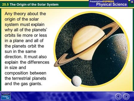 Any theory about the origin of the solar system must explain why all of the planets’ orbits lie more or less in a plane and all of the planets orbit the.