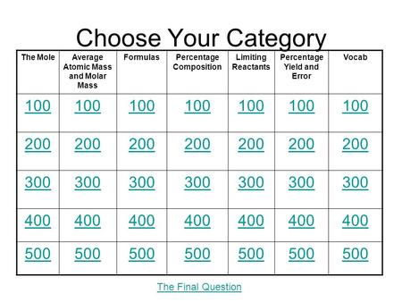 Choose Your Category The MoleAverage Atomic Mass and Molar Mass FormulasPercentage Composition Limiting Reactants Percentage Yield and Error Vocab 100.