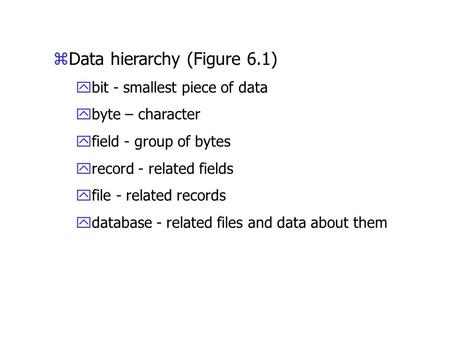 ZData hierarchy (Figure 6.1) ybit - smallest piece of data ybyte – character yfield - group of bytes yrecord - related fields yfile - related records ydatabase.