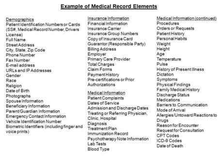 Example of Medical Record Elements