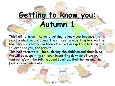 Getting to know you: Autumn 1 This half term our theme is ‘getting to know you’ because that is exactly what we are doing. The children are getting to.