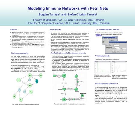 Modeling Immune Networks with Petri Nets Bogdan Tanasa 1 and Stefan-Ciprian Tanasa 2 1 Faculty of Medicine, “Gr. T. Popa” University, Iasi, Romania 2 Faculty.