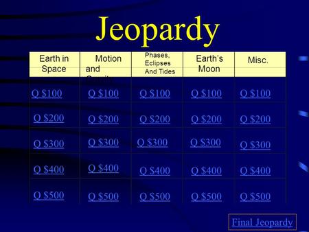 Jeopardy Earth in Space Motion and Gravity Phases, Eclipses And Tides Earth’s Moon Misc. Q $100 Q $200 Q $300 Q $400 Q $500 Q $100 Q $200 Q $300 Q $400.