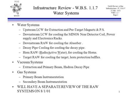 NUMI NuMI Review of the Infrastructure – W, G & V 20 July 2001 WBS 1.1.7 Page 1 1 Infrastructure Review - W.B.S. 1.1.7 Water Systems Water Systems –Upstream.