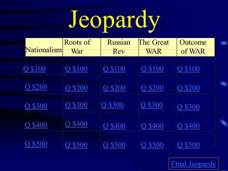 Jeopardy Nationalism Roots of War Russian Rev The Great WAR Outcome of WAR Q $100 Q $200 Q $300 Q $400 Q $500 Q $100 Q $200 Q $300 Q $400 Q $500 Final.