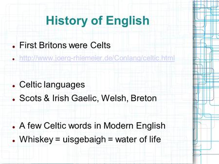 History of English First Britons were Celts  Celtic languages Scots & Irish Gaelic, Welsh, Breton A few.