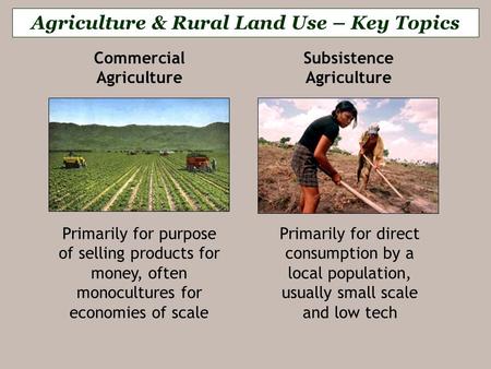Primarily for direct consumption by a local population, usually small scale and low tech Subsistence Agriculture Primarily for purpose of selling products.
