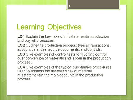 Learning Objectives LO1 Explain the key risks of misstatement in production and payroll processes. LO2 Outline the production process: typical transactions,