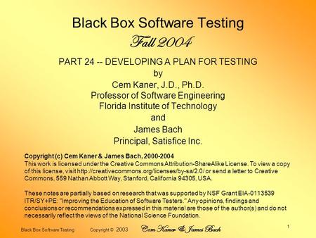 Black Box Software Testing Copyright © 2003 Cem Kaner & James Bach 1 Black Box Software Testing Fall 2004 PART 24 -- DEVELOPING A PLAN FOR TESTING by Cem.
