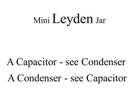 Mini Leyden Jar A Capacitor - see Condenser A Condenser - see Capacitor.