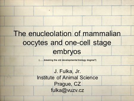 The enucleolation of mammalian oocytes and one-cell stage embryos J. Fulka, Jr. Institute of Animal Science Prague, CZ (……breaking the old.